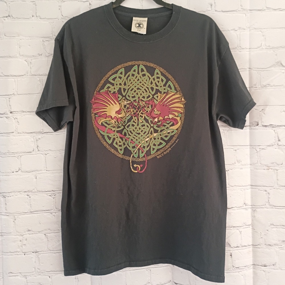 Vtg 1998 Keltic Designs Jen Delyth Celtic Dragons Graphic T-Shirt Black Large